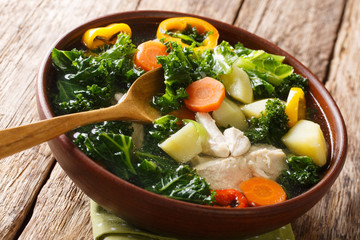 Summer vegetable soup with kale and chicken close-up in a bowl. horizontal