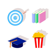 Color flat icon set - textbooks flat vector, book, notebook, popcorn