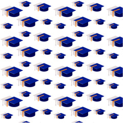 Graduation cap icon seamless pattern on white background. Vector Illustration. Higher education symbol. Black and white texture backdrop.