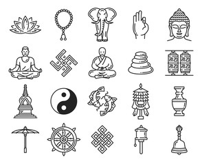 Buddhism religion linear icons and symbols