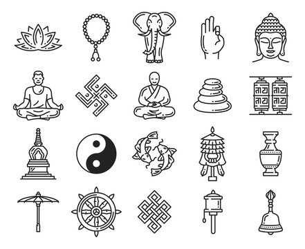 Buddhism religion linear icons and symbols