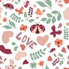 Seamless Summer or Spring Background with Butterflies and Ladybugs