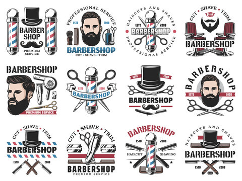 Barbershop icons, beard shaving and haircut salon