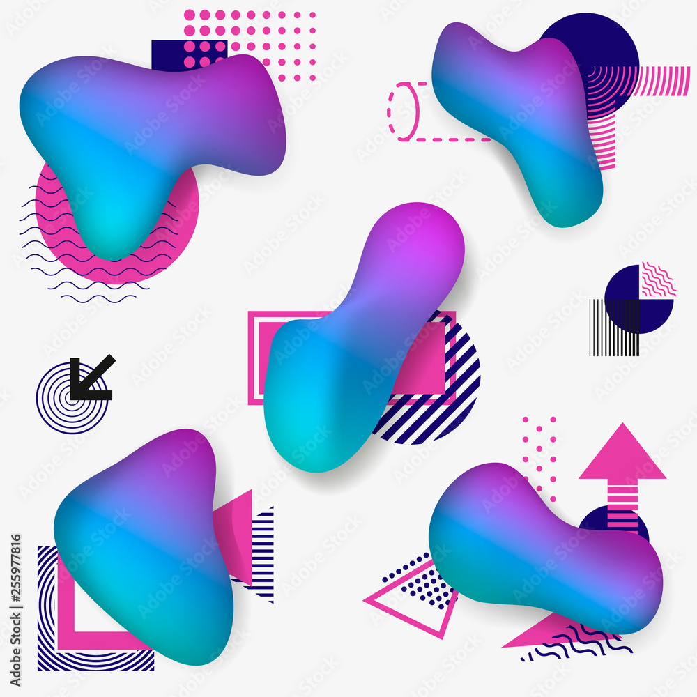 Poster Vector vivid gradient spots with geometric symbols set on isolated background. Abstract elements for trendy vibrant color design. Fluid blots, wavy dops, flowing elements. Plasma splash illustration