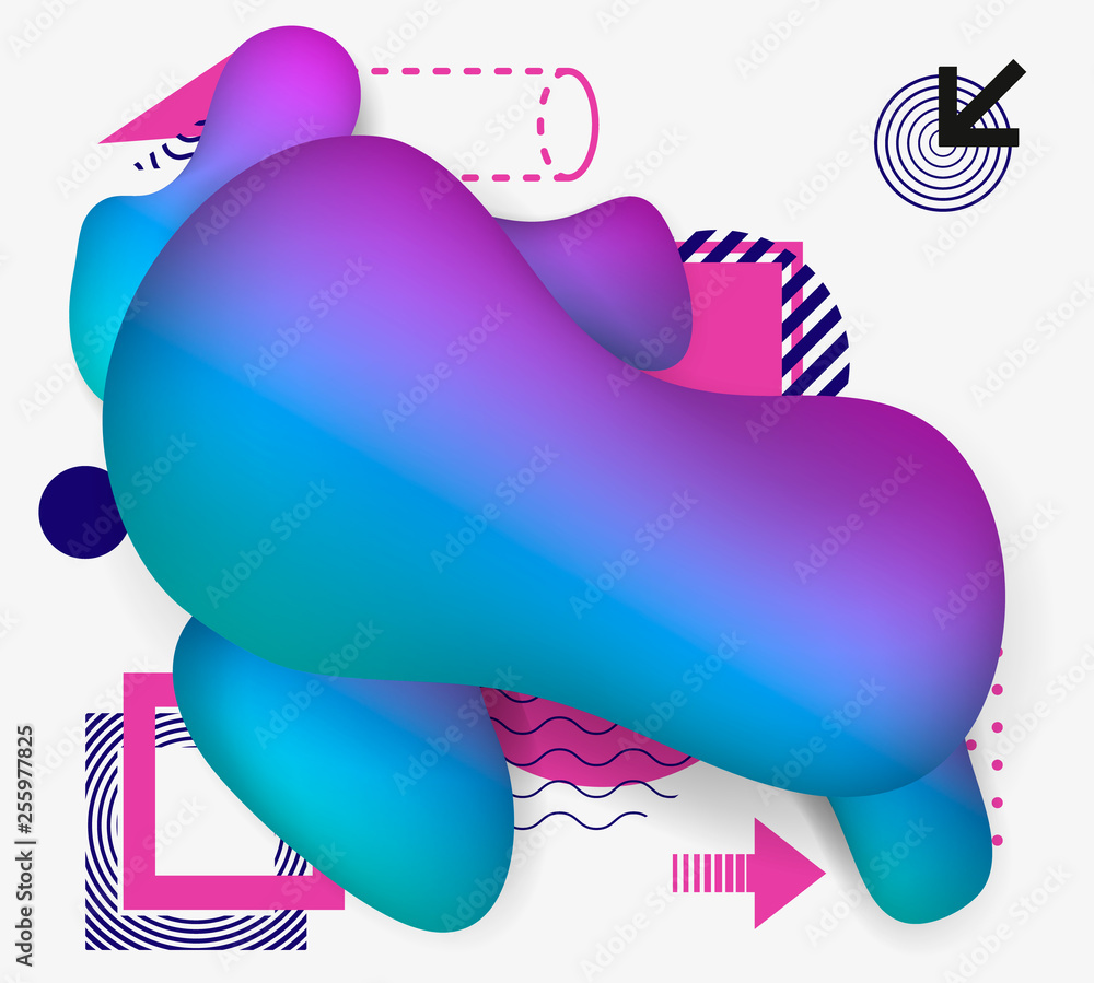 Aufkleber Vector vivid gradient spots with geometric symbols set on isolated background. Abstract elements for trendy vibrant color design. Fluid blots, wavy dops, flowing elements. Plasma splash illustration