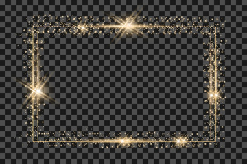 Golden frame with lights effects,Shining luxury banner vector illustration. Glow line golden frame with sparks and spotlight light effects. Shining rectangle banner isolated on black transparent - Vec