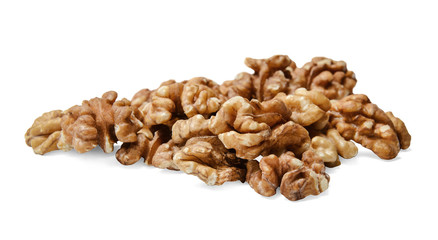 A bunch of peeled walnuts on a white isolated background. Close-up. Side view.