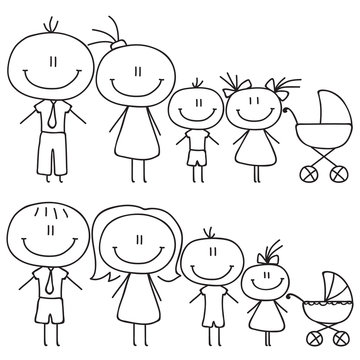 Set of happy cartoon doodle figure family, stick man. Stickman Illustration Featuring a Mother and Father and Kids. Vector Illustration, set of family in stick figures. Hand Drawn.