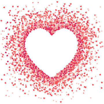 Vector shape  confetti splash with white heart inside. Valentine's Day background congratulation card. Heart form of a lot of small hearts on a white background.