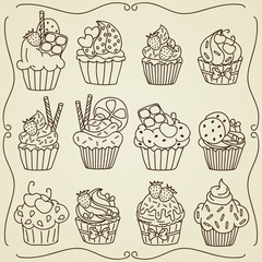 Doodle set of cupcakes. Hand drawn food icons isolated on white background. Sweets doodle set. Hand Drawn elements for cafe and restaurant menu design collection.
