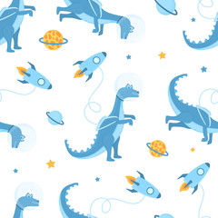 Dinosaur astronaut in space is a cartoon character. Rocket. Seamless pattern for nursery, textile, kids apparel.