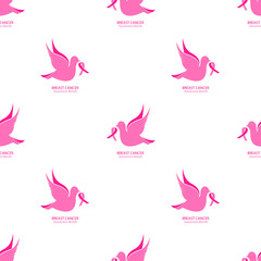 National Breast Cancer Awareness Month seamless pattern. Flying pigeon with pink ribbon on a white background.