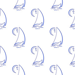 Sailing ship in the waves against the moon seamless pattern. Vector icon in line art style. Travel, transportation