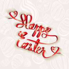 Happy Easter red ribbon with Easter eggs pattern on the back isolated on a beige background