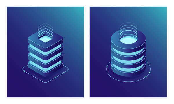 Isometric Database and Data Center, Server room rack, Cloud computing and File cloud storage. Two web icon.