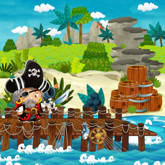 cartoon scene with beach shore with wooden traditional barrels and cannon balls on some tropical island and pirate captain - illustration for children