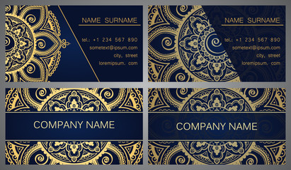 Set of business cards with mandala ornament. Vintage decorative elements. Ornamental floral business cards, oriental pattern, vector illustration. Islam, Arabic, Indian, turkish, pakistan  motifs