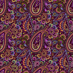 Seamless colorful pattern with paisley. Traditional bright ethnic ornament. Vector print. Use for wallpaper, pattern fills,textile design.