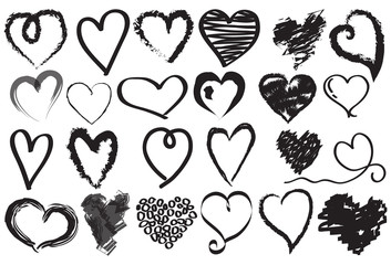 Set of doodles hearts. Grunge stamps collection. Love shapes for your design. Textured Valentine's Day signs. Romantic love symbols set for greeting valentines card element. Hand drawn.