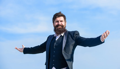 happy bearded man. Mature happy hipster with beard. Future success. Male formal fashion. happy brutal caucasian hipster with moustache. Businessman against the sky. feeling happy. Young and free