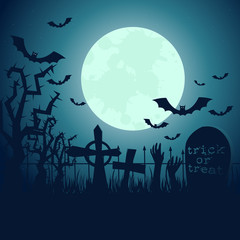 Halloween poster. Invitation for party. Mix of Various Spooky Creatures, Moon. Halloween night vector illustration. Halloween background with scary graveyard. Halloween background