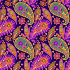 Seamless colorful pattern with paisley. Traditional bright ethnic ornament. Vector print. Use for wallpaper, pattern fills,textile design.