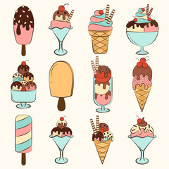 Doodle set of ice cream. Hand drawn food icons isolated on white background. Sweets doodle set. Hand Drawn elements for cafe and restaurant menu design collection.