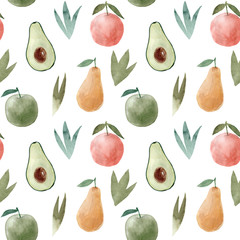 Seamless pattern. Watercolor avocado, orange, apple, pear. Hand drawn summer illustration. Design for fabric, packaging, textile, cover, postcard, paper, stationery, scrapbooking, wrapping, clothes.