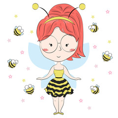 Girl dressed bee style, cartoon bees isolated on white background. Cartoon character.Valentines or romantic card.Can be used for kids clothing. Template for design cards, notebook, shop, poster.