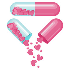 Set of capsules with hearts inside, 3D vector isolated on white background. Open and closed pill with hearts on a light background. Concept for St. Valentine's Day pill with hearts, love tablet.