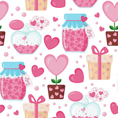 Valentines day seamless pattern with hearts, perfumes, jam jars, gift boxes and trees of love. Love concept. Design element for Wedding or Valentines day. Vector illustration