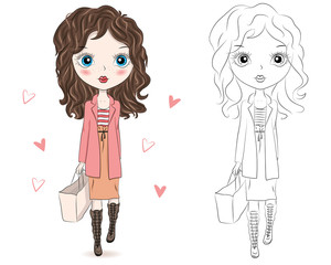 Set of hand drawn beautiful cute fashion girls on white background. Cartoon fashionable girls. Cartoon character. Coloring book pages for kids. Outline for coloring page cartoon vector