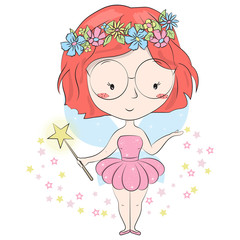 Little forest fairy isolated on white background. Children cartoon dancing character.Valentines or romantic card.Can be used for kids clothing. Template for design cards, notebook, shop, poster.