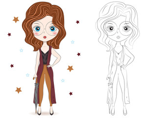 Set of hand drawn beautiful cute fashion girls on white background. Cartoon fashionable girls. Cartoon character. Coloring book pages for kids. Outline for coloring page cartoon vector