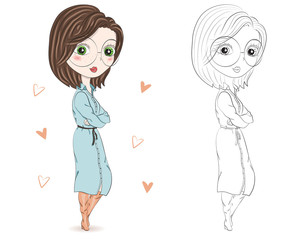Set of hand drawn beautiful cute fashion girls on white background. Cartoon fashionable girls. Cartoon character. Coloring book pages for kids. Outline for coloring page cartoon vector