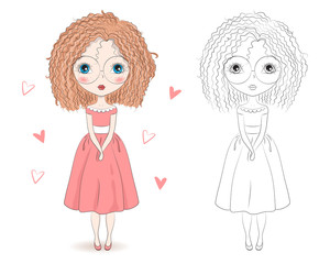 Set of hand drawn beautiful cute fashion girls on white background. Cartoon fashionable girls. Cartoon character. Coloring book pages for kids. Outline for coloring page cartoon vector