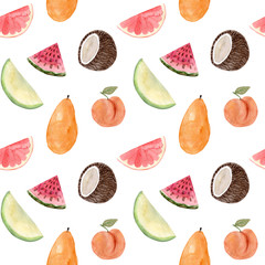 Seamless pattern. Watercolor watermelon, melon, coconut, peach, mango, grapefruit. Hand drawn summer illustration. Design for fabric, packaging, textile, cover, stationery, scrapbooking, wrapping