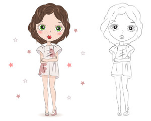 Set of hand drawn beautiful cute fashion girls on white background. Cartoon fashionable girls. Cartoon character. Coloring book pages for kids. Outline for coloring page cartoon vector