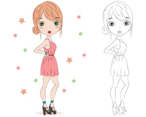 Set of hand drawn beautiful cute fashion girls on white background. Cartoon fashionable girls. Cartoon character. Coloring book pages for kids. Outline for coloring page cartoon vector
