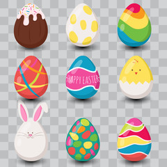 Vector cartoon collection with Easter eggs for decoration. Concept of Happy Easter.