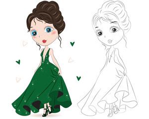 Set of hand drawn beautiful cute fashion girls on white background. Cartoon fashionable girls. Cartoon character. Coloring book pages for kids. Outline for coloring page cartoon vector