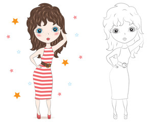 Set of hand drawn beautiful cute fashion girls on white background. Cartoon fashionable girls. Cartoon character. Coloring book pages for kids. Outline for coloring page cartoon vector