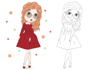Set of hand drawn beautiful cute fashion girls on white background. Cartoon fashionable girls. Cartoon character. Coloring book pages for kids. Outline for coloring page cartoon vector