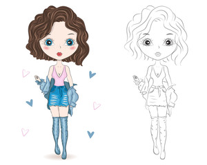 Set of hand drawn beautiful cute fashion girls on white background. Cartoon fashionable girls. Cartoon character. Coloring book pages for kids. Outline for coloring page cartoon vector
