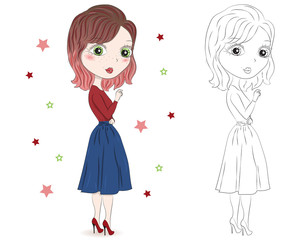 Set of hand drawn beautiful cute fashion girls on white background. Cartoon fashionable girls. Cartoon character. Coloring book pages for kids. Outline for coloring page cartoon vector