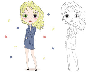 Set of hand drawn beautiful cute fashion girls on white background. Cartoon fashionable girls. Cartoon character. Coloring book pages for kids. Outline for coloring page cartoon vector