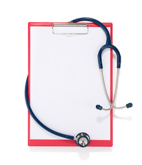 Blank clipboard with stethoscope for your text isolated on white background.    