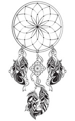 Vector symbol DreamCatcher with feathers.Ethnic Mandala ornament with feathers. Vintage decorative elements. Oriental pattern, Islam, Arabic, Indian motifs