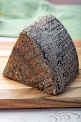 Italian cheese, piece of mature Tuscan Pecorino sheep cheese served with olive bread and tomatoes