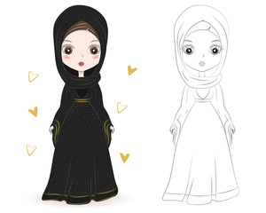 Set of hand drawn traditional Arabic woman in hijab on white background. Cartoon character in traditional Muslim hijab. Coloring book pages for kids. Outline for coloring page cartoon vector